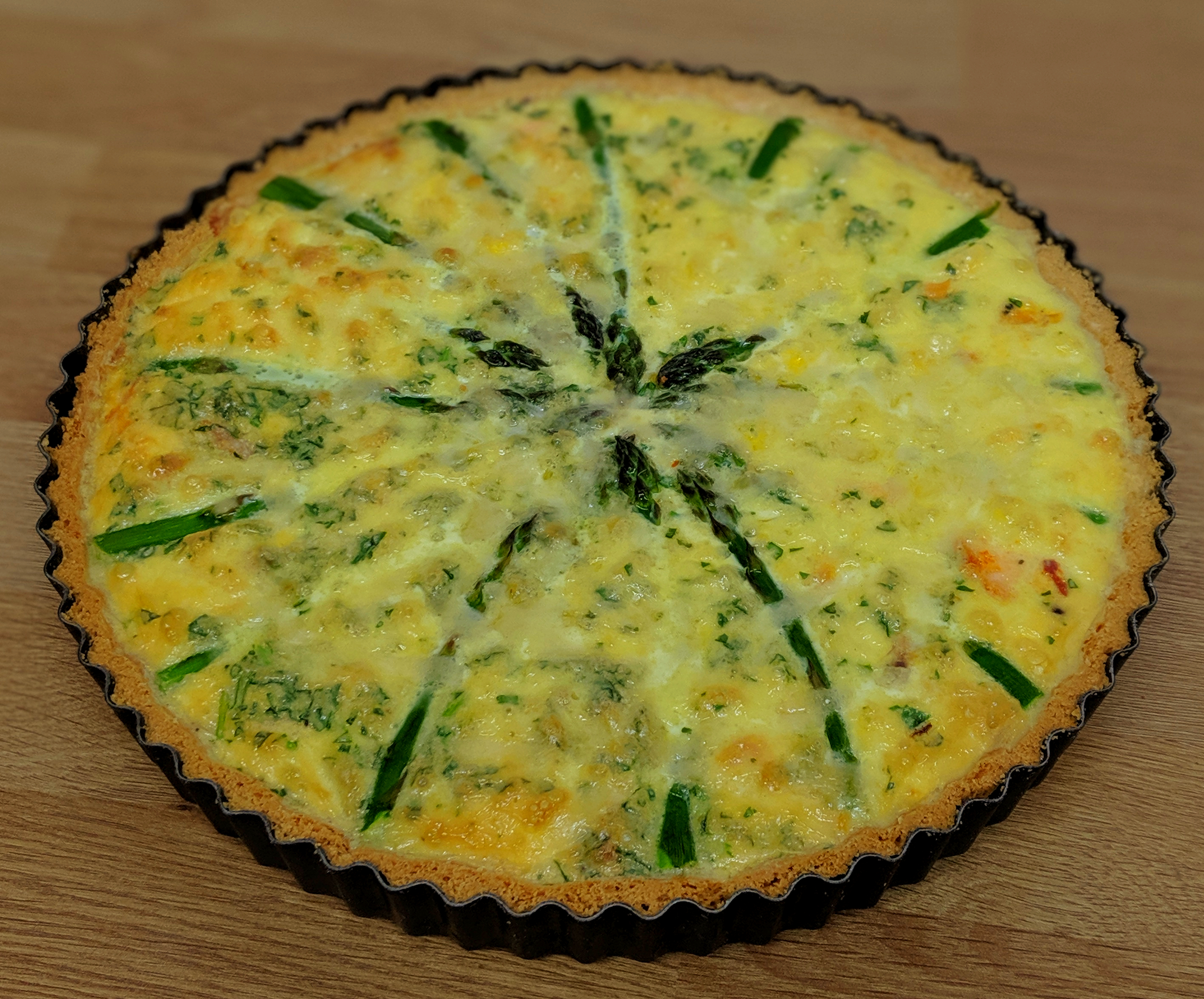 Asparagus and Hot Smoked Salmon Quiche